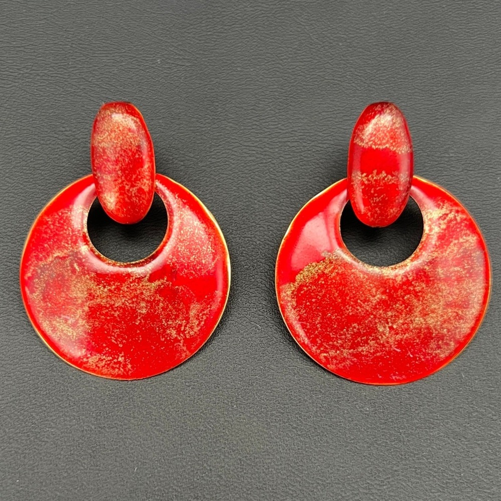 Vintage‎ Door Knocker Earrings Red Gold Marbled Enamel Statement